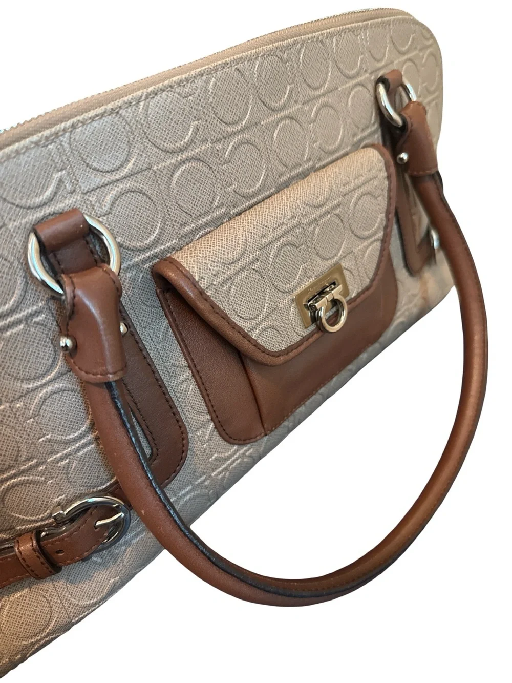 Salvatore Ferragamo Gancini Canvas & Leather Satchel Handbag Beige Brown Italy - Picture 11 of 15
